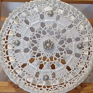 Elegant White Crochet Doily with Pearls